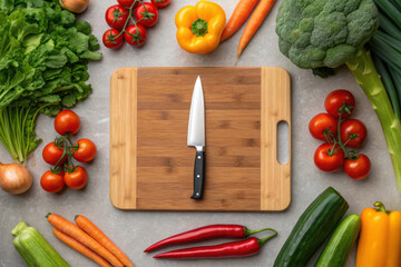 Chef knife wooden cutting board surrounded by fresh vegetables including tomatoes, carrots, broccoli, and peppers for healthy cooking preparation