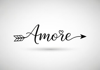 Amore" calligraphy with heart and cupid arrow vector