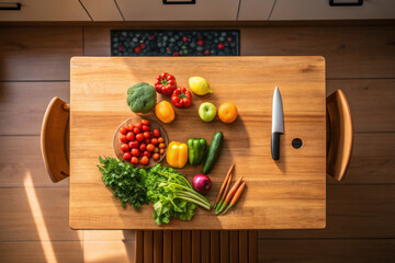 Fresh vegetables and fruits arranged on wooden table with knife, ready for healthy meal preparation in bright kitchen setting