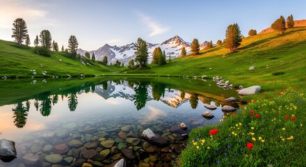 Serene mountain lake reflects snow capped peaks and vibrant green hills at sunrise