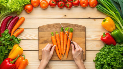Fresh carrots being sliced wooden cutting board surrounded by colorful vegetables like tomatoes, peppers, and lettuce, creating vibrant healthy