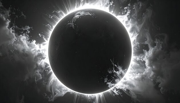 Monochromatic eclipse with glowing aura, surrounded by ethereal clouds against a dark, atmospheric sky backdrop
