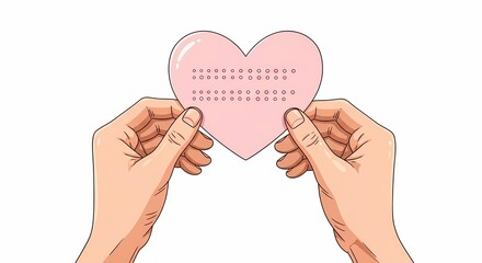 Illustrative hands embrace a soft pink heart containing Braille, conveying a profound message of love and accessibility
