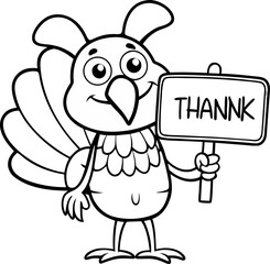  Happy turkey holding sign that says Thank You, outline drawing, coloring book vector, line art vector line art , black and white