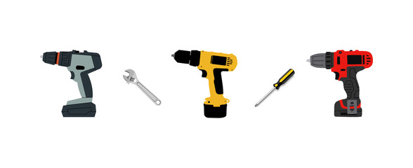 Professional Power Drill & Tools Icon Set on Transparent Background Illustration Vector. Colorful power drills and hand tools. Perfect for construction, DIY projects, hardware branding, and home ...