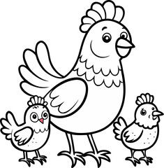 Hen and chicks coloring book illustration, clean line art, coloring book vector, line art vector line art , black and white