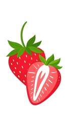 Bright red strawberries with green leaves, one whole and one sliced.