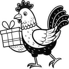  Hen delivering gifts, black and white illustration, coloring book vector, line art vector line art , black and white