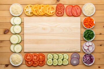 Sliced fresh vegetables and grated cheese arranged around wooden cutting board on wooden table, creating colorful and healthy food display