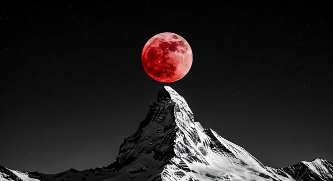 Epic blood moon rising above majestic snow capped mountain peak under starry night sky, inspiring adventure and cosmic wonder for travel and spiritual concepts