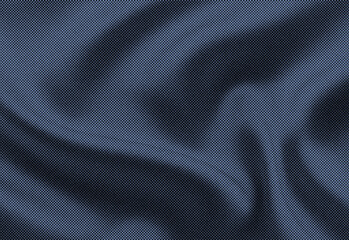 Close-up of dark blue denim fabric texture with soft folds and visible weave, highlighting a rich textile surface for fashion design, apparel production, background use