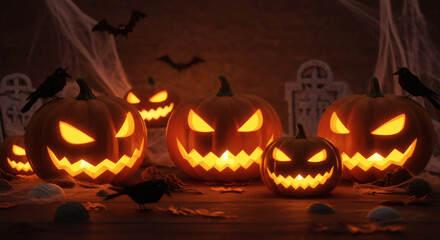 A spooky gathering of carved Halloween pumpkins with glowing evil faces in a dark and cobweb-covered cemetery scene