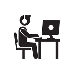 Fototapeta premium This clean and simple vector icon shows a person sitting at a desk using a computer while wearing a headset. Perfect for representing customer support, call centers, online work, remote jobs, 