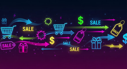 Shopping cart icons and sale tags flow across a dark background with neon arrows.
