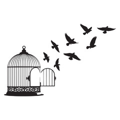 Fototapeta premium This vector illustration shows an open birdcage with multiple birds flying out, symbolizing freedom, hope, release, independence, and new beginnings. Perfect for inspirational artwork, motivational 