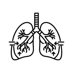 Stylized outline illustration of human lungs with airways and arrows indicating airflow, representing respiration and health