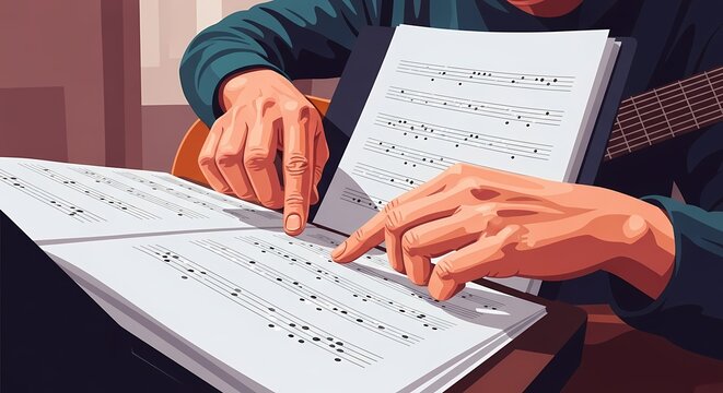 Passionate musician diligently studying complex guitar sheet music, mastering new chords and melodies in a focused practice session - Powered by Adobe