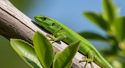 Fototapeta premium Stunning vibrant green lizard sunning on a branch with lush leaves, creating a peaceful nature scene perfect for wildlife conservation projects