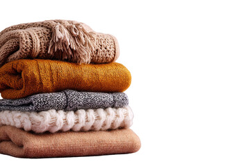 Stack of warm, folded sweaters in autumnal colors