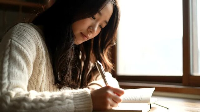 Young asian woman writing in her journal near a bright window reflecting on personal experiences