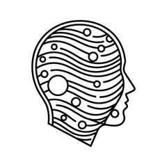 Outline of a human head profile with abstract wavy lines and circles inside