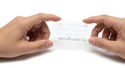 Celebrating tactile communication hands reading Braille script on card, symbolizing global accessibility awareness for visually impaired individuals