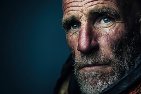 Rugged older man with a weathered face, intense gaze, and distinctive beard, wearing outdoor clothing. His expression is thoughtful and serious, highlighting age and life experience