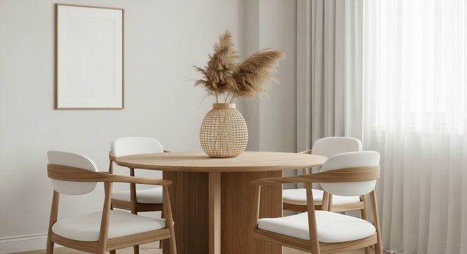 Minimalist Dining Area with Round Wooden Table, Pampas Grass Decor, and Blank Frame Mockup - Powered by Adobe