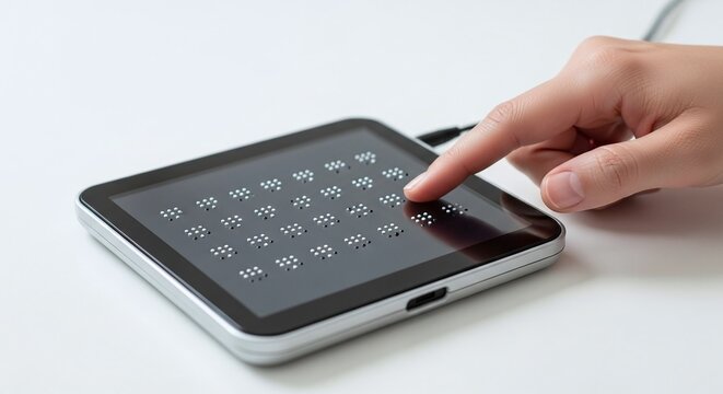 Hand interacting with a digital Braille tactile tablet, providing innovative accessibility for reading - Powered by Adobe