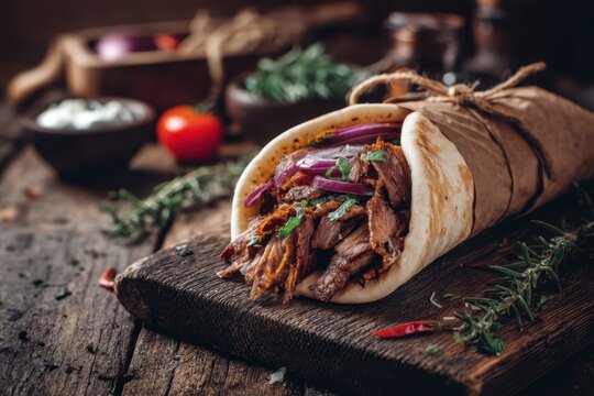 A tasty wrap filled with sliced meat, red onions, and herbs is set on a rustic wooden board. In the blurred background, there are more ingredients like tomatoes and a bowl of white sauce