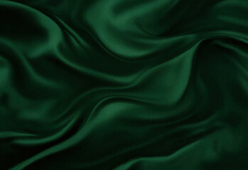 Luxurious dark green satin fabric draped in soft waves with glossy sheen and smooth folds, close up texture for fashion design, interior decor textile, and product photography