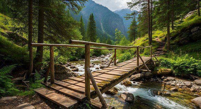 Wooden Bridge Over a Rushing Stream in a Lush Forest.