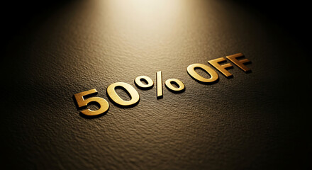 Golden 50% OFF text is spotlighted on a dark textured background.