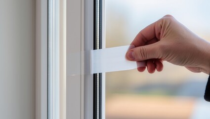 Close-up of a hand applying clear adhesive tape to a window frame, sealing gaps to prevent drafts, moisture, and heat loss, highlighting home insulation and energy efficiency