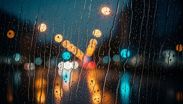 Rainy night blurred lights bokeh effect through a window with water droplets, abstract city view