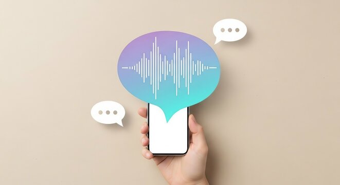 Hand holding smartphone displaying audio waveform and chat bubbles
