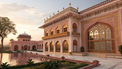 Soft Morning Light Illuminating the Intricately Designed Arches and Sandstone Facade of a Luxurious Indian Heritage Building.