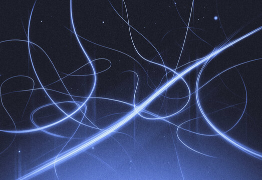 Abstract digital light trails weave through starry background, revealing futuristic energy lines and connected curves that evoke technology, data networks, and cosmic discovery