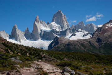 Panoramic view of Mount Fitz Roy in Chalten, Argentinean Patagonia, with mountain lake in the foreground