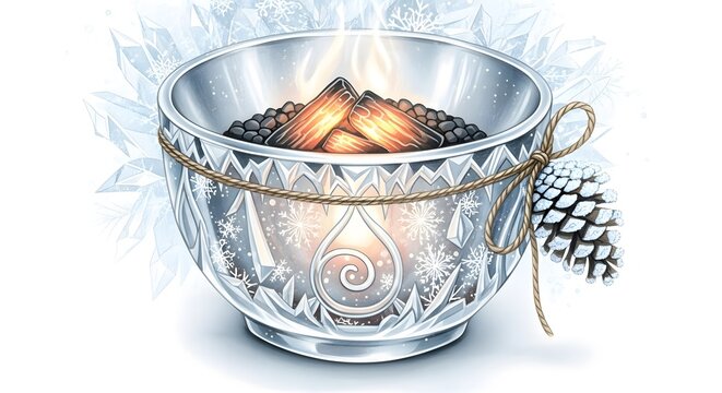 illustrated crystal bowl with glowing coals and snowflakes for winter holiday themes, cozy home decor blogs, celebratory event flyers, and seasonal warming product advertisements