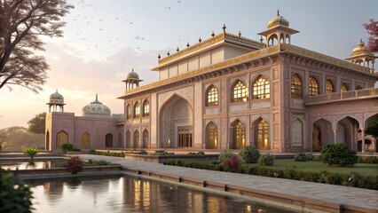 A Serene View of a Mughal-Inspired Palace Pavilion at Dawn, Reflected in the Still Water of a Formal Charbagh Garden Pool.