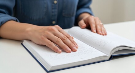 Close-up shot of a blind woman's hands reading a book with tactile braille writing
