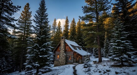 Rustic Log Cabin in a Snowy Winter Forest at Sunrise.