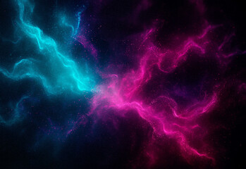 Abstract nebula in deep space featuring vibrant teal and magenta gas clouds swirling under a star field with ethereal glow and cosmic dust for dramatic celestial background