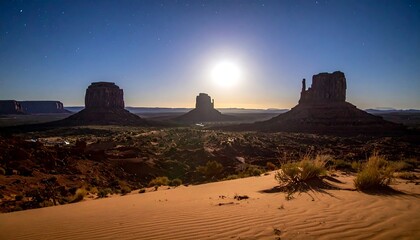 Monument Valley landscape at night with full moon illuminating sandstone buttes and desert plants in foreground