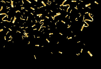 Elegant gold confetti streams across a deep black background, creating a luxurious celebratory scene perfect for party promotions, anniversaries, awards, or festive invitations.