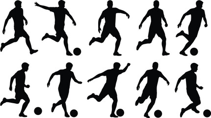 Soccer player silhouette vector set, black football action poses, dribbling, kicking, running, isolated sports icons for motion, training, athletic design
