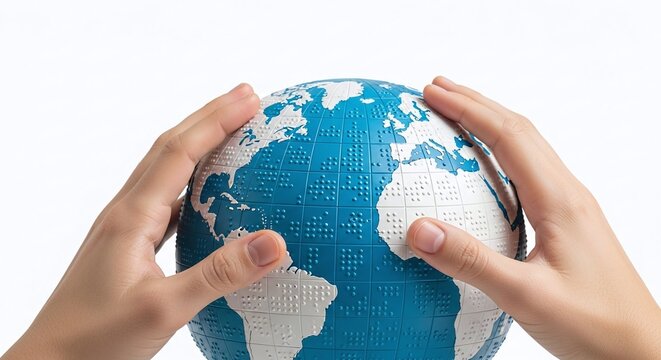 Human hands embracing a stylized world globe, representing environmental protection, care, and the future of Earth