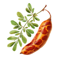 A hand drawn flat 2D illustration of Vibrant tamarind pod and leaf Collection isolated on a white background, vector icon set, simple design in a flat design, simple 2D illustration, EPS format