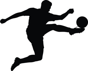Soccer player silhouette, kicking ball in mid-air, dynamic sports vector, athletic movement, football action pose, black graphic design, motion concept